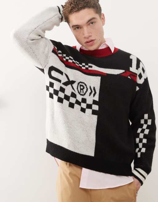 COLLUSION - Oversized sort striktrøje med motocross-design