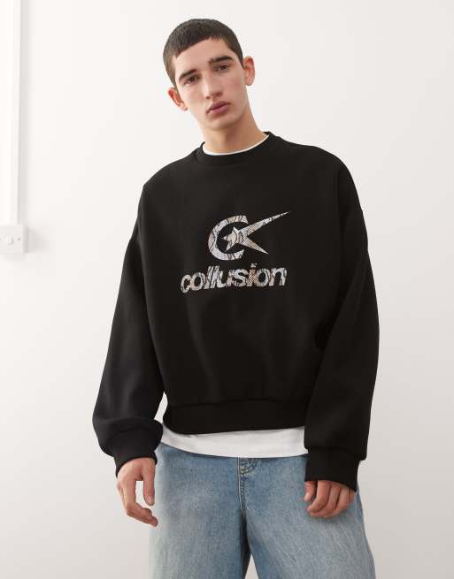 COLLUSION - Oversized sort sweatshirt med firkantet pasform og grafisk logoprint