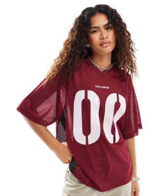 Collusion oversized sports tee with number graphic in burgundy