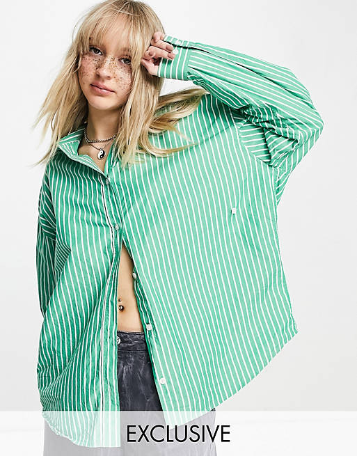 Tops Shirts & Blouses/COLLUSION oversized stripe shirt with crossover detail in green 