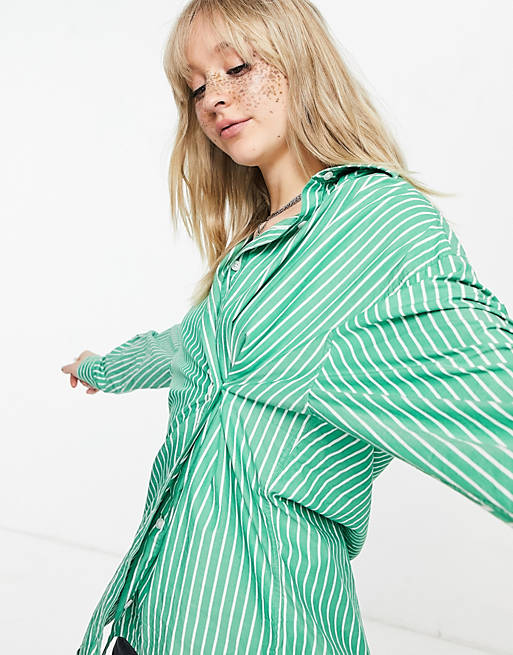 Women Shirts & Blouses/COLLUSION oversized stripe shirt with crossover detail in green 