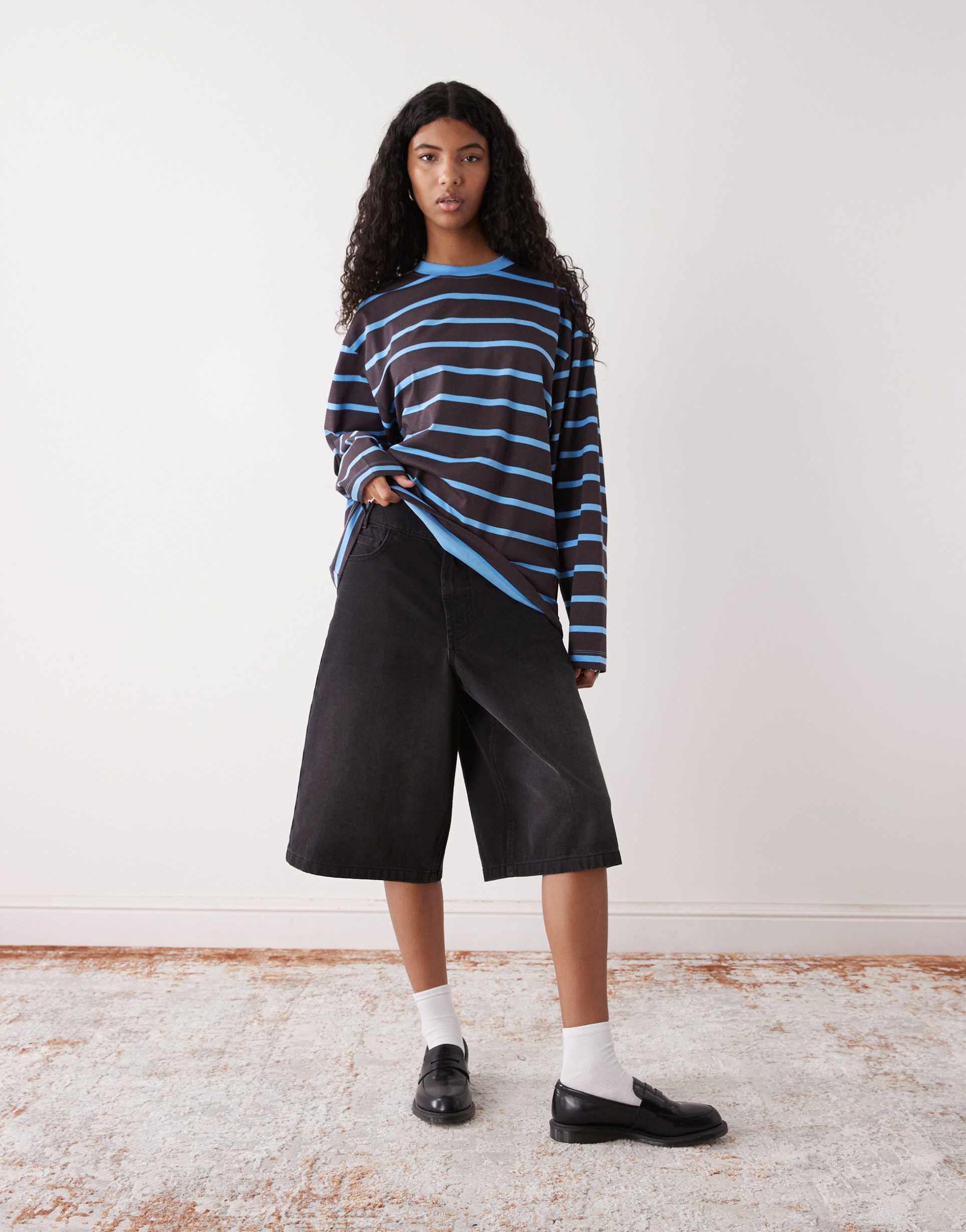 collusion oversized striped long sleeve tee in blue