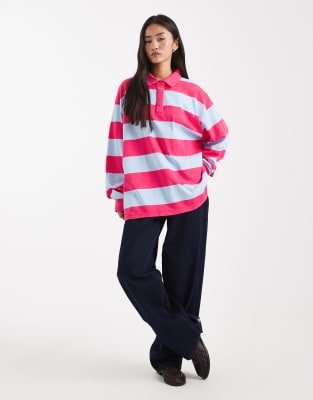 Collusion Oversized Striped Rugby Polo Shirt-red In Pink