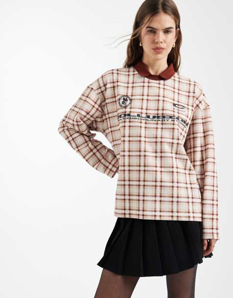 COLLUSION oversized sweat polo shirt in neutral check - view 1