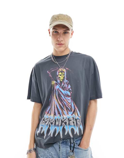 COLLUSION - Oversized T-shirt i forvasket sort med grim reaper-print