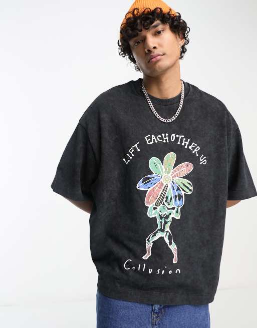 COLLUSION - Oversized T-shirt i forvasket sort piqué med blomsterprint 