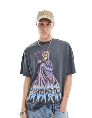 COLLUSION Oversized t-shirt in washed black with grim reaper print