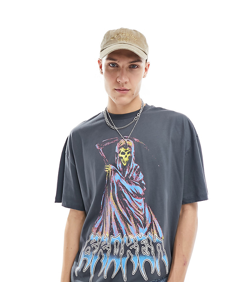 COLLUSION Oversized t-shirt in washed black with grim reaper print-Grey