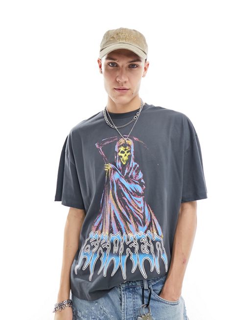 COLLUSION oversized t-shirt poor in washed black with grim reaper print