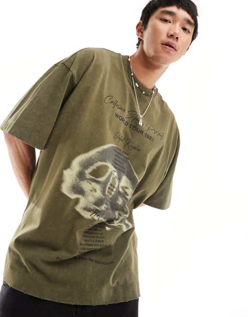 COLLUSION - Oversized T-shirt met band tourprint in groen met wassing 