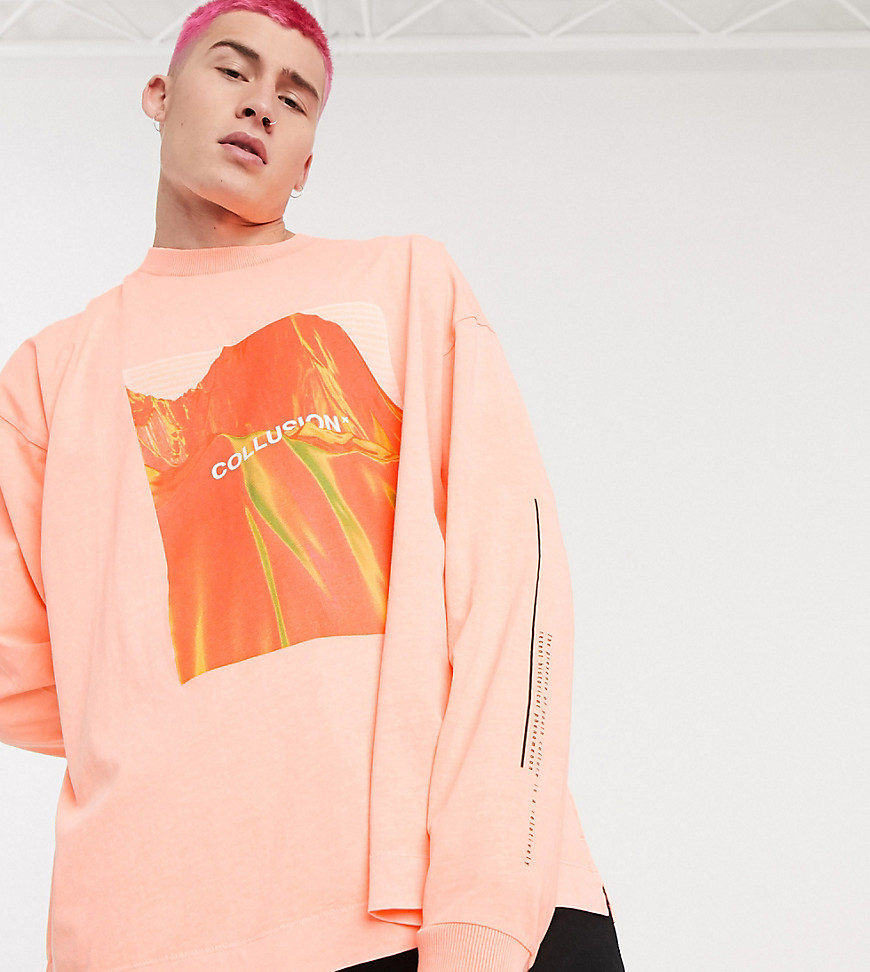 COLLUSION - Oversized T-shirt met lange mouwen en print in oranje