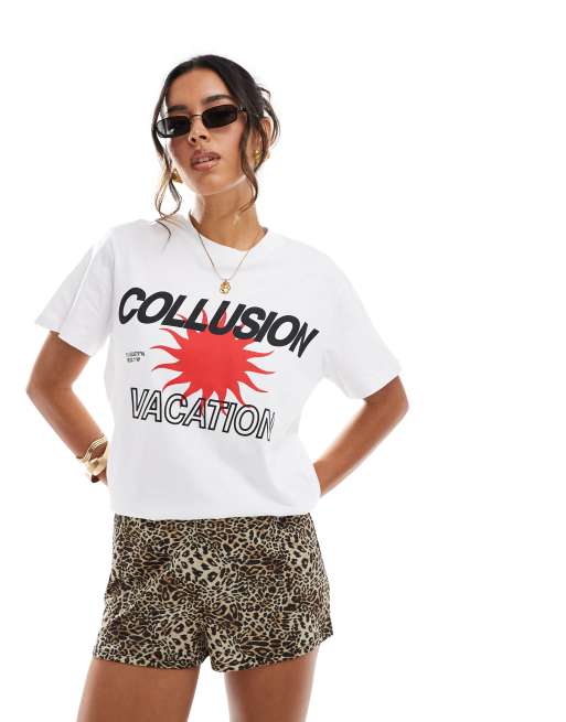 COLLUSION - Oversized T-shirt met Vacation-print in wit