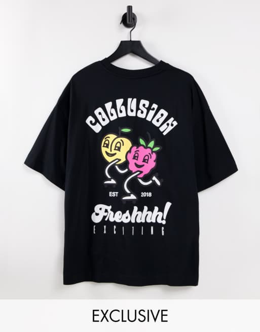 COLLUSION oversized T shirt with cartoon fruit print in black