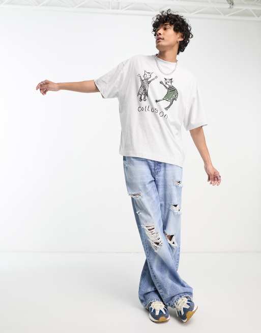 COLLUSION oversized t-shirt with dancing cats print in grey marl