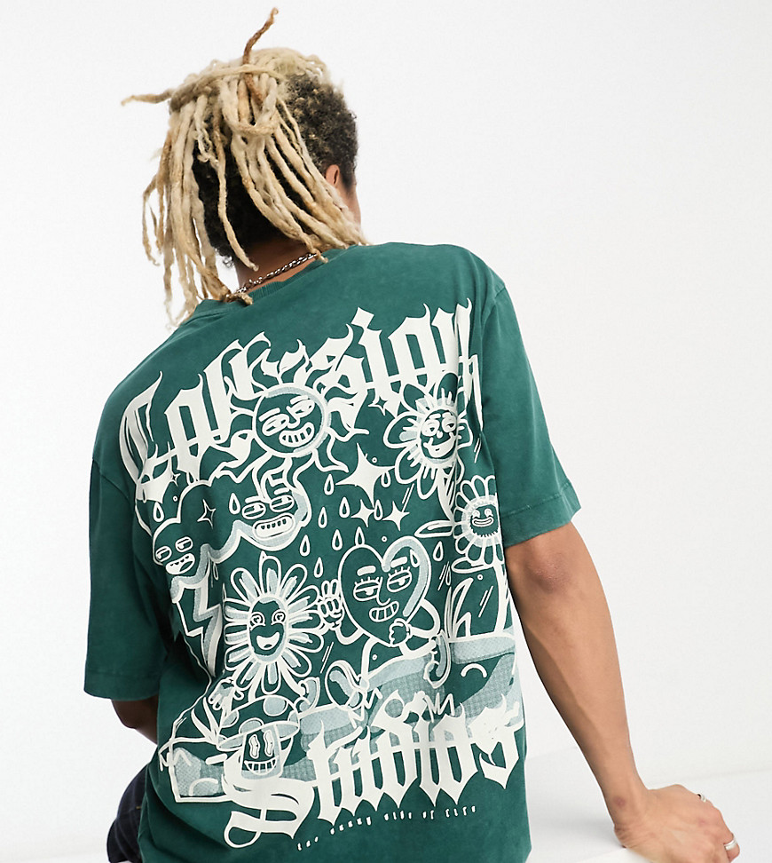COLLUSION oversized t-shirt with doodle back print in green