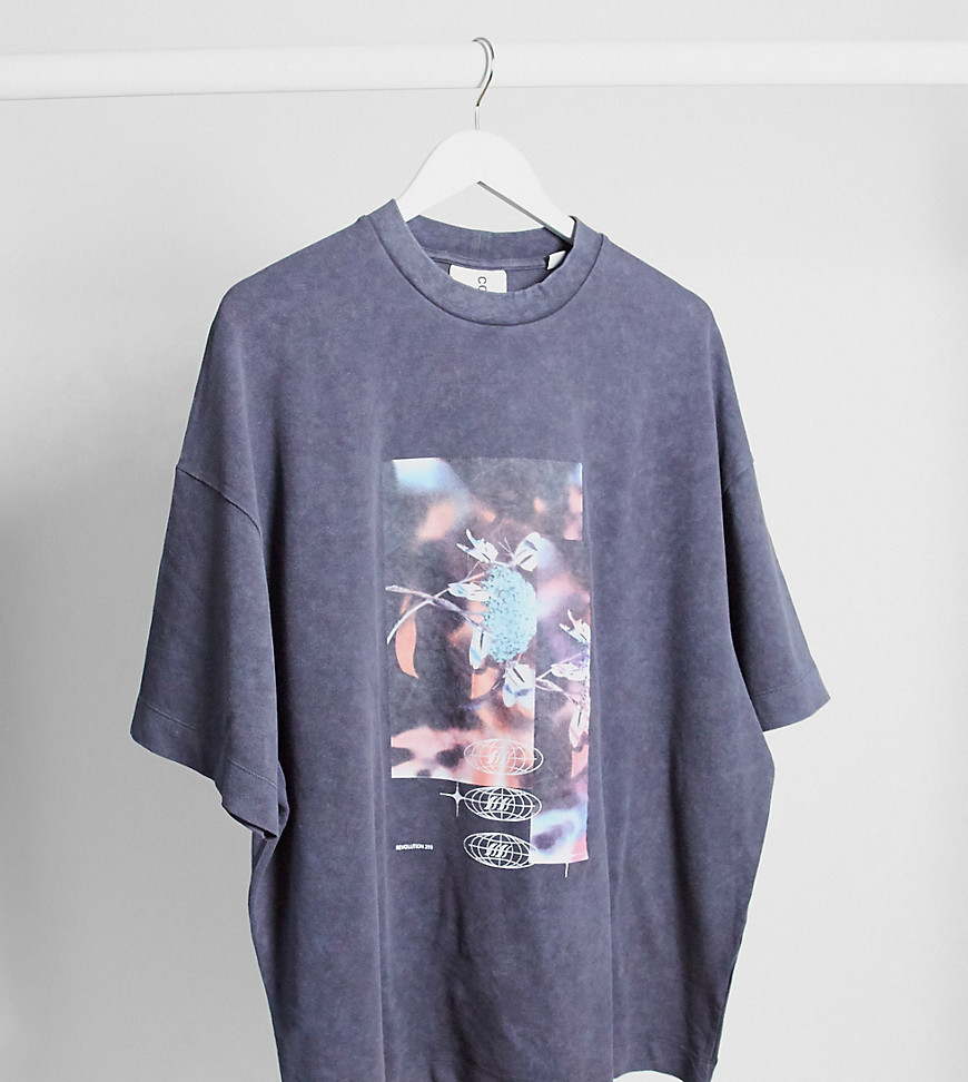 COLLUSION oversized t-shirt with print in acid wash charcoal pique-Black