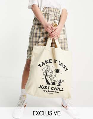Collusion Oversized Tote Bag With 'take It Easy' Print-white In White