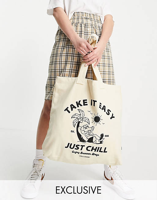 COLLUSION oversized tote bag with take it easy print