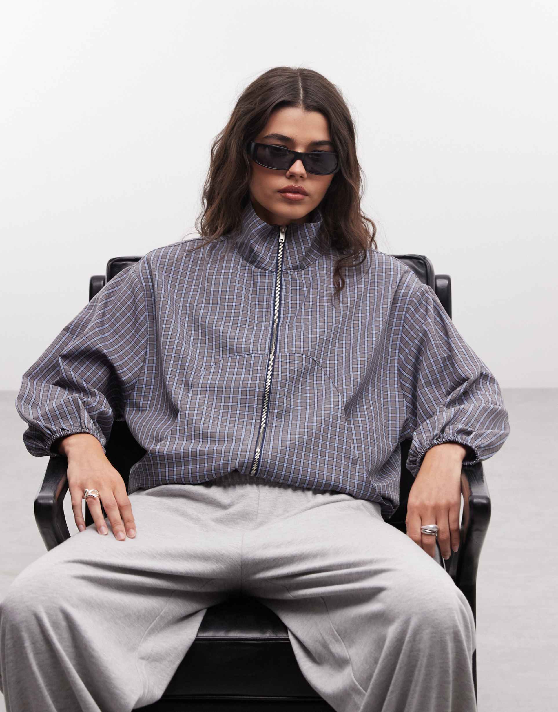 collusion oversized track top in navy & white plaid