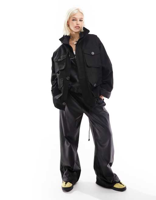 Women's Plus-Size Cargo Utility Jacket With Faux Leather Sleeves