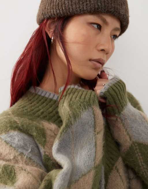 COLLUSION oversized v-neck argyle jumper in green, 3 of 4