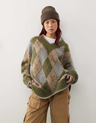 Collusion Oversized V-neck Argyle Sweater In Green