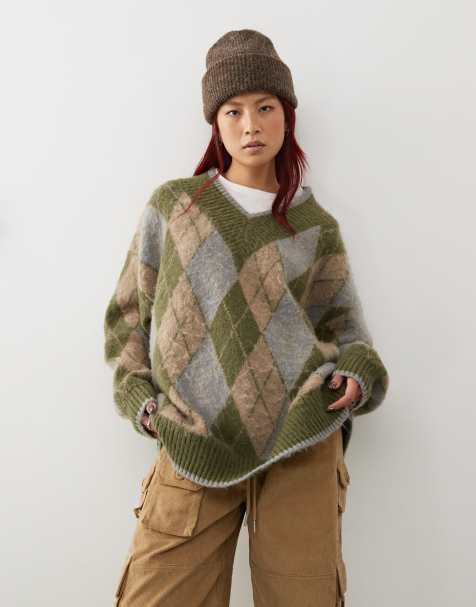 COLLUSION oversized v-neck argyle sweater in green - view 1