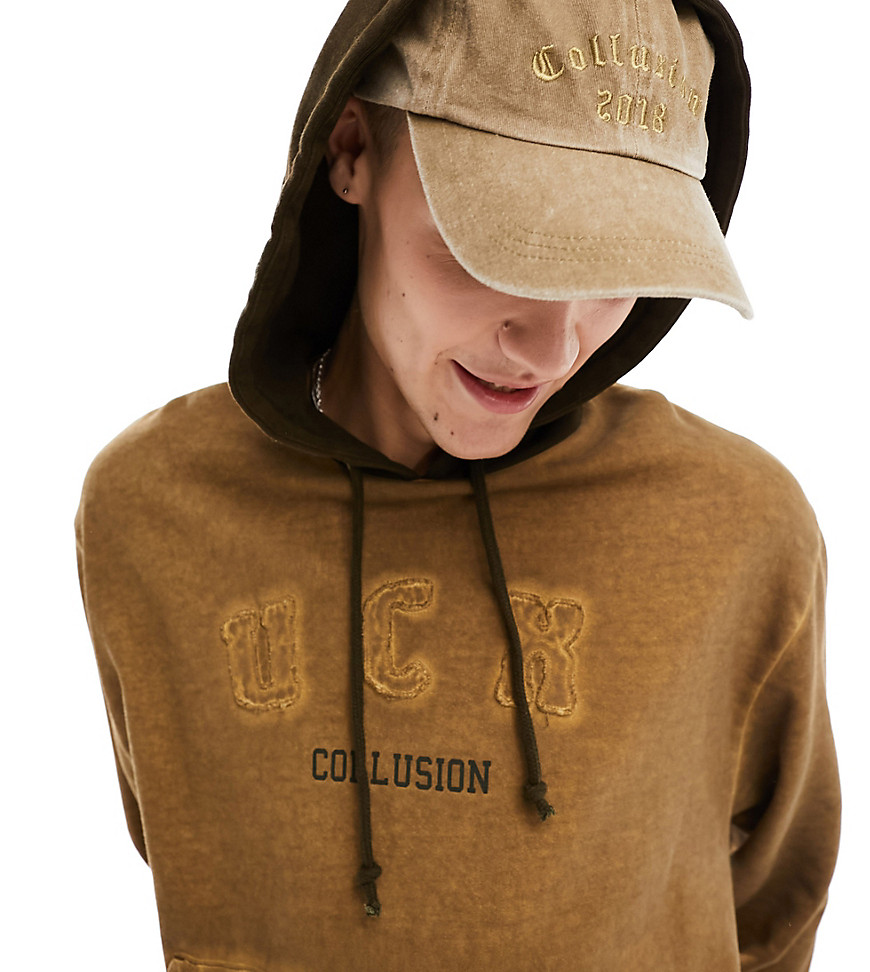 COLLUSION Oversized varsity embroidered hoodie in tan wash-Neutral