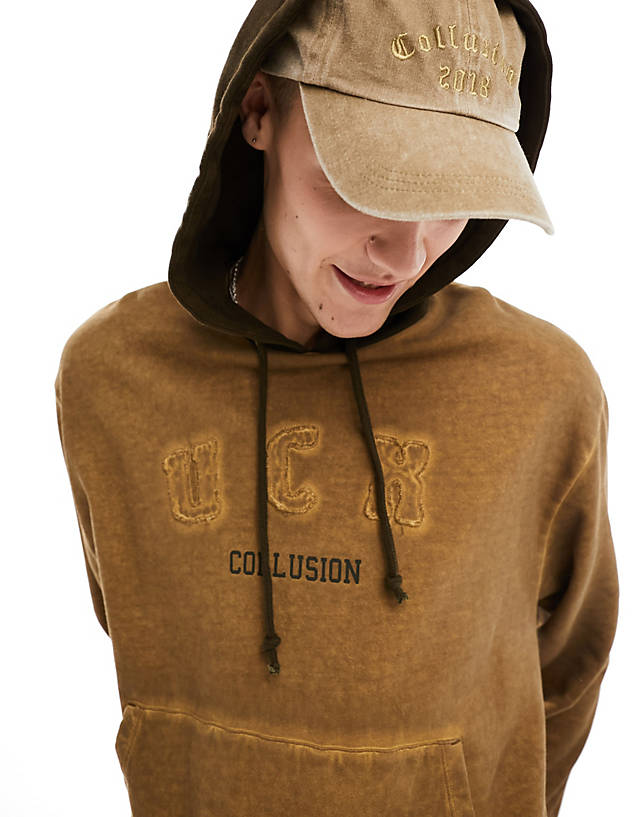 Collusion - oversized varsity embroidered hoodie in tan wash