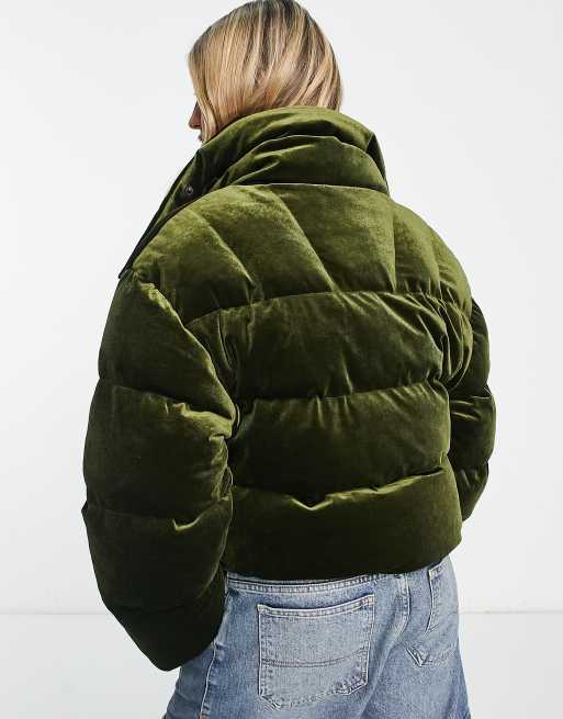 COLLUSION oversized wadded velvet puffer coat in olive green ASOS