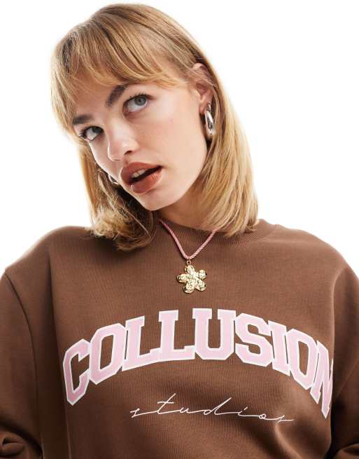 COLLUSION Unisex athletics varsity sweat and joggers in brown co