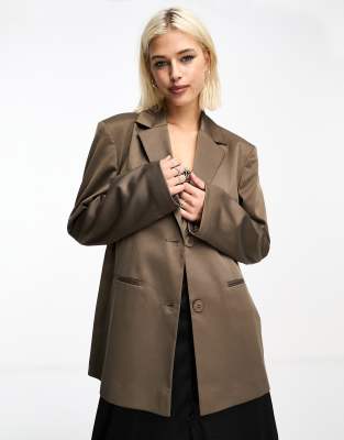 COLLUSION oversized woven blazer with pockets in dark khaki