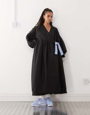 oversized wrap maxi smock dress with contrast gingham ties in black