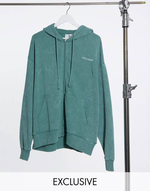 COLLUSION oversized zip through hoodie in teal acid wash