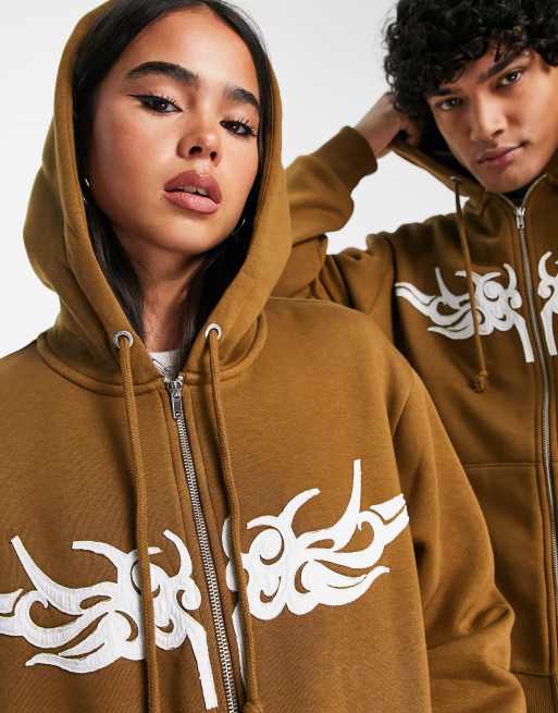 Collusion Oversized Zip Through Hoodie With Embroidery in Brown