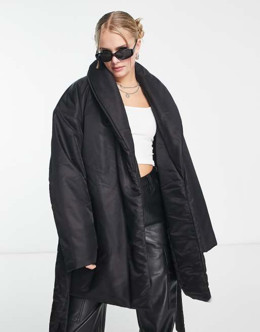 COLLUSION padded belted puffer coat with collar in black | ASOS