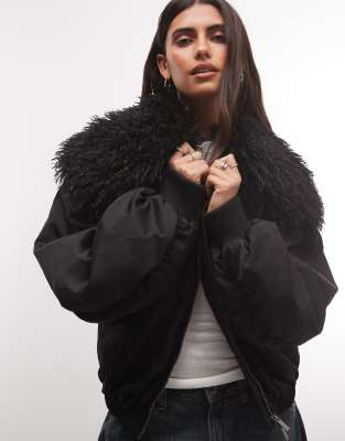 Collusion Padded Bomber Jacket With Faux Fur Collar In Multi