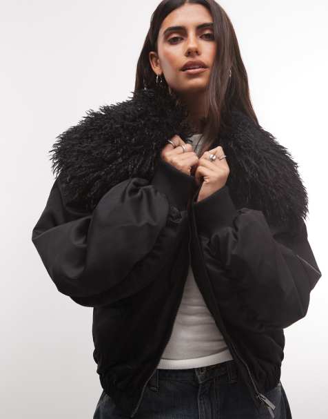 COLLUSION padded bomber jacket with faux fur collar in black - view 1