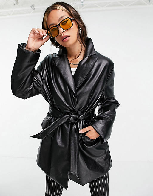 Coats & Jackets COLLUSION padded PU blazer with belt in black 