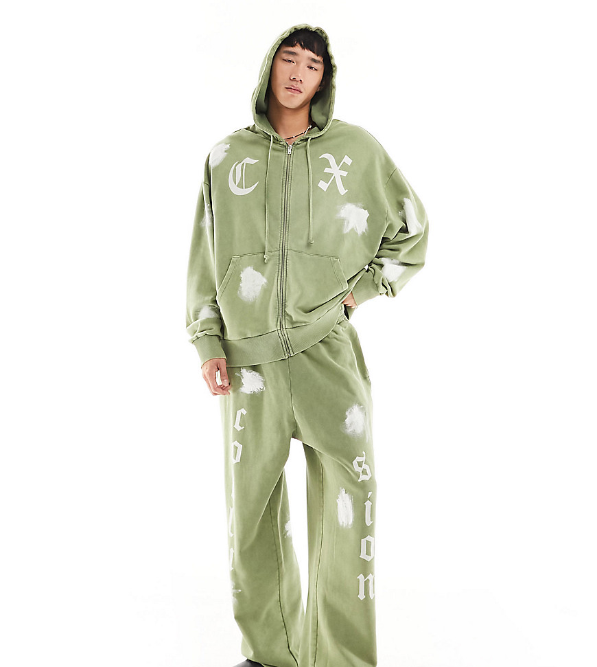 COLLUSION Paint splat zip through hoodie in khaki co-ord-Green