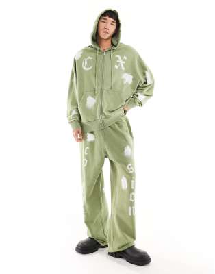 Collusion Paint Splat Zip Through Hoodie In Khaki - Part Of A Set-green