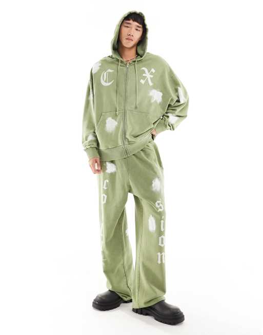 COLLUSION paint splat zip through hoodie in khaki (part of a set)