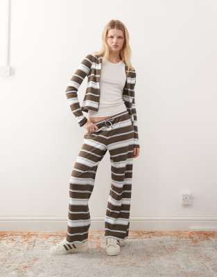 Pantalon décontracté d'ensemble à rayures-Bleu marine M