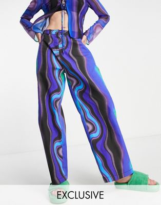 COLLUSION - Pantalon d'ensemble baggy à taille basse en sergé à imprimé vagues - Bleu | ASOS