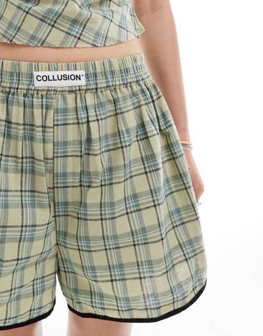COLLUSION - Pantaloncini stile boxer color blu e verde a quadri con profili sportivi in coordinato, 2 di 5