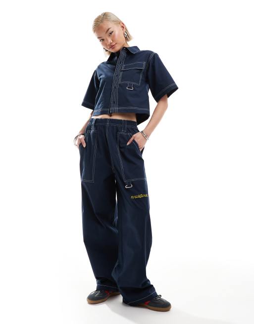COLLUSION - Pantaloni da festival ampi in tessuto ripstop blu navy in coordinato
