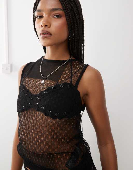 COLLUSION patch work mesh top in black, 3 of 4