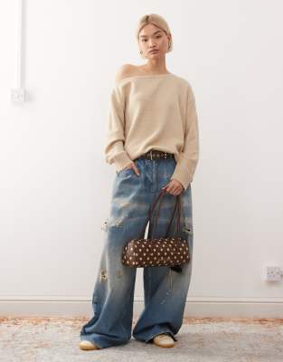 Collusion Pearl Off Shoulder Knitted Top In Neutral