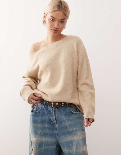 COLLUSION pearl off shoulder knitted top in light brown