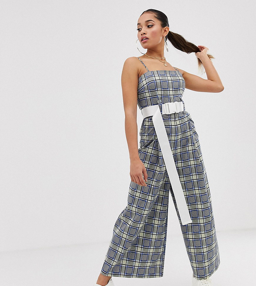 COLLUSION Petite check wide leg jumpsuit with belt-Multi
